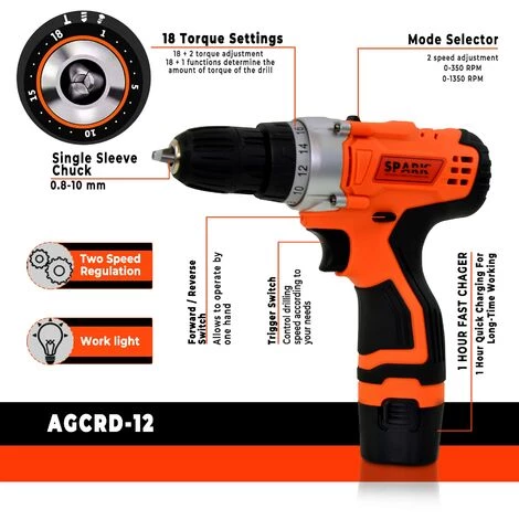 Spark - Perceuse-visseuse Sans Fil, 12V, 2 Pièces Batterie Lithium 1,5 Ah, Mandrin 10 Mm, 2 Vitesses, 18 Réglages De Couple 4 Spark - Perceuse-visseuse Sans Fil, 12V, 2 Pièces Batterie Lithium 1,5 Ah, Mandrin 10 Mm, 2 Vitesses, 18 Réglages De Couple – Image 2