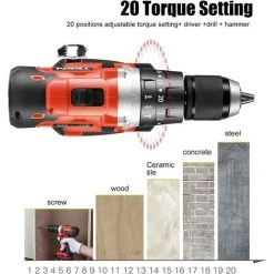 Perceuse Visseuse à Percussion Sans Fil TEENO,2×2.0 Ah Batteries, 13mm Mandrin Auto-serrant - Rouge -Perceuse Soldes 2022 13575364 3