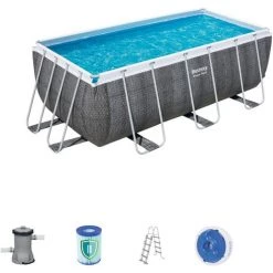 Piscine Hors Sol Rectangulaire Power Steel Bestway - Décor Rotin Tressé Gris - 412 X 201 X 122 Cm