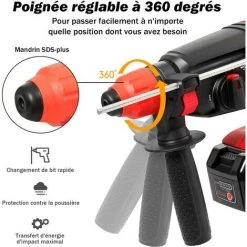 COSTWAY Marteau Perforateur Electrique SDS-Plus à Vitesse Réglable (960 Tr/min, 4,260coups/min) Avec 3 Forets Robustes, 1 Coffret De Rangement, 1 Batterie Et Chargeur Lithium-Ion -Perceuse Soldes 2022 19796661 5