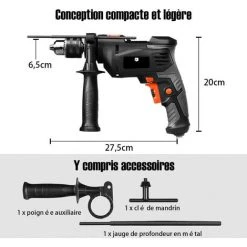COSTWAY Perceuse à Percussion 2 En 1 Marteau Perforateur Mandrin 1,5-13mm Vitesse Variable Avec Poignée Auxiliaire, Clé à Mandrin -Perceuse Soldes 2022 23114150 5