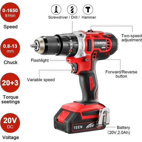 Perceuse Visseuse à Percussion TEENO-916 - 2x20V - 2,0Ah - 69 Accessoires - Rouge 4 Perceuse Visseuse à Percussion TEENO-916 - 2x20V - 2,0Ah - 69 Accessoires - Rouge – Image 2