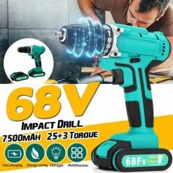 DRILLPRO Prise UE Perceuse à Percussion électrique Sans Fil 68 V Outil De Réparation De Kit De Pilote De Batterie D'alimentation à 2 Vitesses Double Vitesse (Batterie EU à Deux Vitesses à Deux Vitesses)