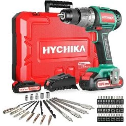 Perceuse Visseuse Sans Fil, HYCHIKA 18V 60N.m Perceuse Percussion Brushless Avec 2 * 2Ah Li-ion Batteries, 53PCS Accessoires, Réglage Du Couple 21+3, 1H Chargeur Rapide