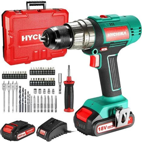 Perceuse Sans Fil 18V, HYCHIKA 45N.m Perceuse Percussion, 21+3 Réglage Du Couple, 2 Vitesses, 53Pcs Accessoires, 2 * 2Ah Batteries, Poignée Auxiliaire, 1H Chargeur Rapide, Boîte à Outils 3 Perceuse Sans Fil 18V, HYCHIKA 45N.m Perceuse Percussion, 21+3 Réglage Du Couple, 2 Vitesses, 53Pcs Accessoires, 2 * 2Ah Batteries, Poignée Auxiliaire, 1H Chargeur Rapide, Boîte à Outils