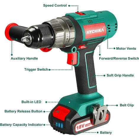 Perceuse Sans Fil 18V, HYCHIKA 45N.m Perceuse Percussion, 21+3 Réglage Du Couple, 2 Vitesses, 53Pcs Accessoires, 2 * 2Ah Batteries, Poignée Auxiliaire, 1H Chargeur Rapide, Boîte à Outils 4 Perceuse Sans Fil 18V, HYCHIKA 45N.m Perceuse Percussion, 21+3 Réglage Du Couple, 2 Vitesses, 53Pcs Accessoires, 2 * 2Ah Batteries, Poignée Auxiliaire, 1H Chargeur Rapide, Boîte à Outils – Image 2