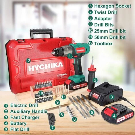 Perceuse Sans Fil 18V, HYCHIKA 45N.m Perceuse Percussion, 21+3 Réglage Du Couple, 2 Vitesses, 53Pcs Accessoires, 2 * 2Ah Batteries, Poignée Auxiliaire, 1H Chargeur Rapide, Boîte à Outils 7 Perceuse Sans Fil 18V, HYCHIKA 45N.m Perceuse Percussion, 21+3 Réglage Du Couple, 2 Vitesses, 53Pcs Accessoires, 2 * 2Ah Batteries, Poignée Auxiliaire, 1H Chargeur Rapide, Boîte à Outils – Image 5
