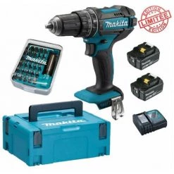 Perceuse Visseuse à Percussion Makita 18V 62Nm DHP482 + 2 Batt 5 Ah + 30 Embouts De Vissage + Porte-embout Magnétique