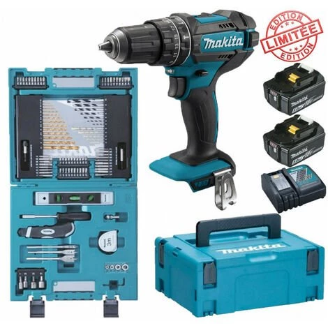 Perceuse Visseuse à Percussion Makita 18V 62Nm DHP482 + 2 Batt 5 Ah + Coffret 104 Accessoires De Perçage Vissage 3 Perceuse Visseuse à Percussion Makita 18V 62Nm DHP482 + 2 Batt 5 Ah + Coffret 104 Accessoires De Perçage Vissage