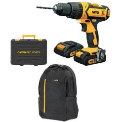 VITO PRO-POWER Perceuse Visseuse Sans Fil 18V VITO + 2 Batteries Lithium 2.0 Ah 18 Accessoires + Sac à Dos VITO + Mallette