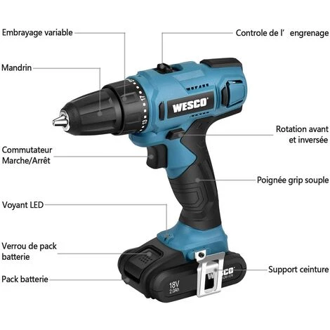 WESCOTOOLS 18V Perceuse à Percussion Avec Niveaux De Couple 21 + 1, 2 Vitesses, 2.0Ah Batterie Li-ion WESCO WS2317 4 WESCOTOOLS 18V Perceuse à Percussion Avec Niveaux De Couple 21 + 1, 2 Vitesses, 2.0Ah Batterie Li-ion WESCO WS2317 – Image 2
