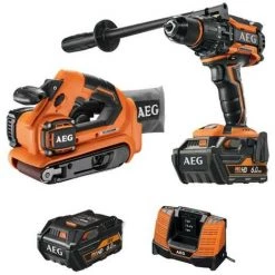 Pack AEG Perceuse Percussion Brushless 18V BSB18BL-602C - Ponceuse à Bande Brushless 18V BHBS1875BL-0 - 2 Batteries 6.0Ah 1 Chargeur