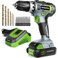 WORKPRO Perceuse Visseuse Sans Fil 20V Avec Mandrin 3/8’’, 2 Vitesses, Réglage De Couple 18 + 1, Charge Rapide 1H, Visseuse Devisseuse Avec Batterie Au Lithium-ion 2,0Ah Et 16 Accessoirs