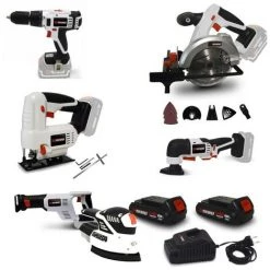 Pack Outillage X-Performer - Perceuse - Scie Sauteuse /Circulaire /Sabre /Multifonctions - Ponceuse - BATTERIES 2Ah - Chargeur