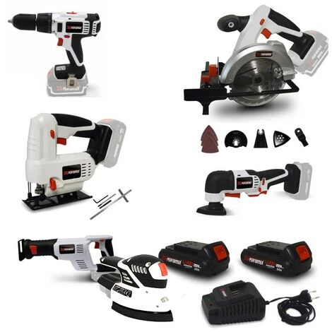 Pack Outillage X-Performer - Perceuse - Scie Sauteuse /Circulaire /Sabre /Multifonctions - Ponceuse - BATTERIES 2Ah - Chargeur 3 Pack Outillage X-Performer - Perceuse - Scie Sauteuse /Circulaire /Sabre /Multifonctions - Ponceuse - BATTERIES 2Ah - Chargeur