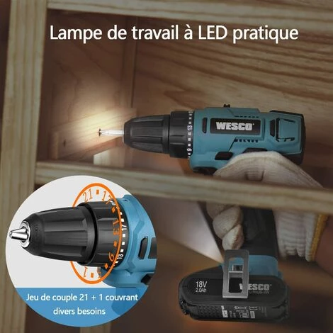 WESCOTOOLS WESCO 18V 2.0Ah Perceuse Visseuse Sans Fil, Niveaux De Couple 21 + 1 4 WESCOTOOLS WESCO 18V 2.0Ah Perceuse Visseuse Sans Fil, Niveaux De Couple 21 + 1 – Image 2