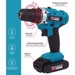BAVARIA ELEKTROWERKZEUGE Perceuse Sans Fil 21V, Boîte De Vitesse 2 Vitesses, Couple Max. 32 Nm, 2 Batteries Li-Ion 2000mAh, éclairage LED:De Base -Perceuse Soldes 2022 42505271 3