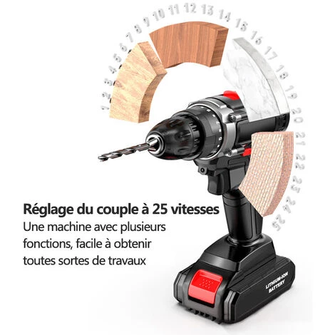 MERKMAK Perceuse Visseuse A Percussion Sans Fil 0-1200RPM 70NM Avec 2 Batterie 25V 5000mAh 53 Accessoires Boite En Plastique Pour Au Beton Metal Bois 4 MERKMAK Perceuse Visseuse A Percussion Sans Fil 0-1200RPM 70NM Avec 2 Batterie 25V 5000mAh 53 Accessoires Boite En Plastique Pour Au Beton Metal Bois – Image 2