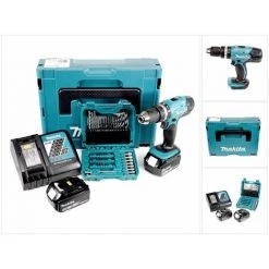 Makita DHP 453 RFJ Perceuse Visseuse à Percussion Sans Fil 18V 42Nm + 2x Batteries 3 Ah + Chargeur + Coffret MAKPAC + Meches Et Forets, 60 Pcs.