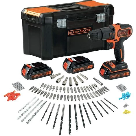 BLACK & DECKER BLACK+DECKER BDCHD181B3A Perceuse à Percussion 18V - Jeu D'accessoires 120 Pcs 3 BLACK & DECKER BLACK+DECKER BDCHD181B3A Perceuse à Percussion 18V - Jeu D'accessoires 120 Pcs