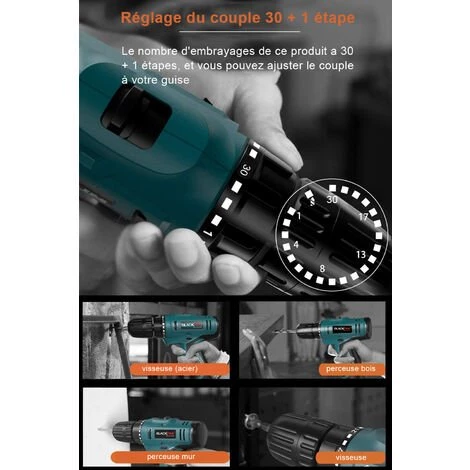 BLACKPINE - Perceuse Visseuse Tournevis Sans Fil 2 X 12V 1300mAh Batteries Lithium + 22 Accessoires + Caisse Portable 4 BLACKPINE - Perceuse Visseuse Tournevis Sans Fil 2 X 12V 1300mAh Batteries Lithium + 22 Accessoires + Caisse Portable – Image 2