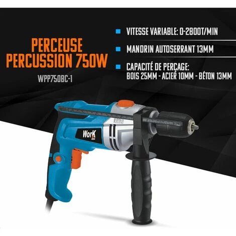 WORK MEN Perceuse Percussion 750W Keyless - Mandrin 13mm 4 WORK MEN Perceuse Percussion 750W Keyless - Mandrin 13mm – Image 2