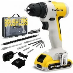 Perceuse Visseuse Sans Fil Sans Balais 20V, ENVENTOR 45NM Brushless Visseuse Devisseuse, Tournevis Electrique, 2 Vitesses, 19+1 Reglage Du Couple, LED Integree, 22 Embouts Accessoires, Bo?te A Outils