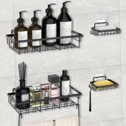 LIFCAUSAL Lot De 2 étagères De Douche Avec Porte-serviettes Lot De 2 Porte-savon Pour étagère De Salle De Bain Murale Perçage/Auto-adhésif Douche Panier De Rangement Support De Rangement Pour Toilettes Dortoir Cuisine -Perceuse Soldes 2022 54423559 5
