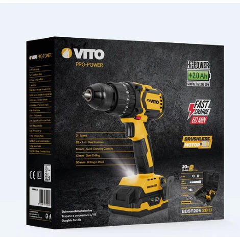 VITO PRO-POWER Perceuse Visseuse 20V + 2 Batteries Lithium 2Ah VITOPower Moteur Brushless + Chargeur + Coffret Accessoires De Vissage 5 VITO PRO-POWER Perceuse Visseuse 20V + 2 Batteries Lithium 2Ah VITOPower Moteur Brushless + Chargeur + Coffret Accessoires De Vissage – Image 3