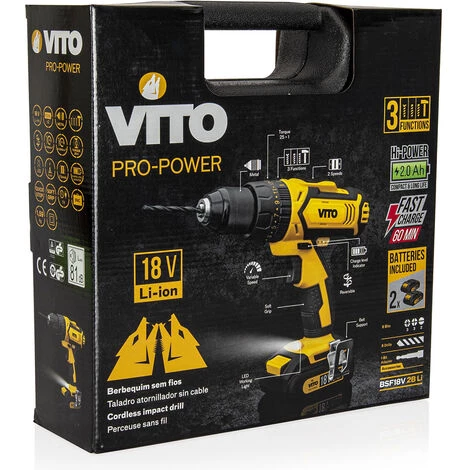 VITO PRO-POWER Perceuse Visseuse 18V + 2 Batteries Lithium 2.0 Ah + Mallette 18 Accessoires VITO 7 VITO PRO-POWER Perceuse Visseuse 18V + 2 Batteries Lithium 2.0 Ah + Mallette 18 Accessoires VITO – Image 5