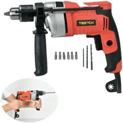 TEETOK Perceuse ¨¤ Percussion Perceuses ¨¤ Percussion 750W 3000 RPM, Fonction Marteau Et Foret, Poign¨¦e Rotative ¨¤ 360¡ã, Jauge De Profondeur, Avec 11pcs Kit D'accessoires