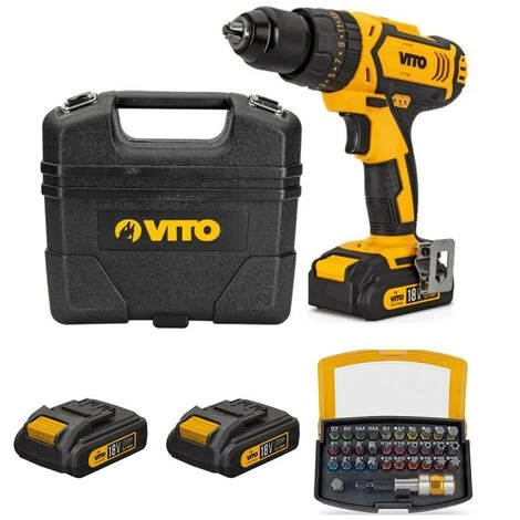 Perceuse Sans Fil 18V 2 Batteries Lithium 2Ah VITO + Chargeur + Coffret De Vissage 32 Pièces 3 Perceuse Sans Fil 18V 2 Batteries Lithium 2Ah VITO + Chargeur + Coffret De Vissage 32 Pièces