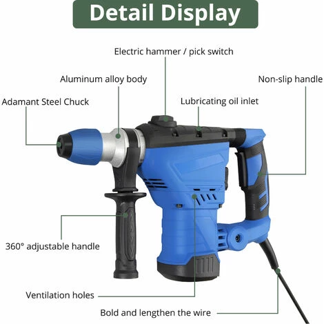 PROSTER Marteau Perforateur Burin Marteau 1500W Marteau Perforateur 800 Tr/min 32mm Marteau Burineur Marteau Et Perforateur Rotatif Outil De Pierre à Béton Avec Burin 6 PROSTER Marteau Perforateur Burin Marteau 1500W Marteau Perforateur 800 Tr/min 32mm Marteau Burineur Marteau Et Perforateur Rotatif Outil De Pierre à Béton Avec Burin – Image 4