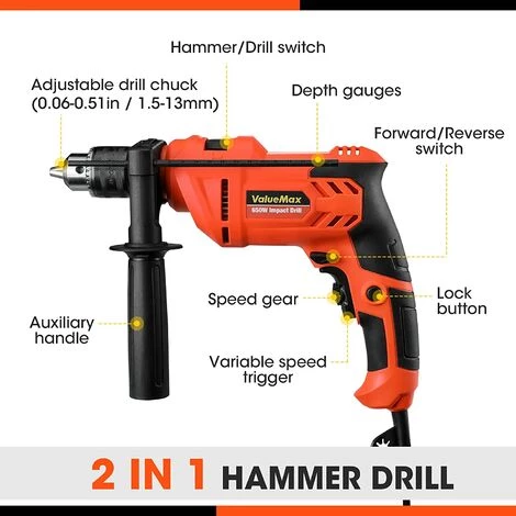 ValueMax Perceuse à Percussion Filaire 650 W, 2 Modes Perceuse Et Marteau, Mandrin De 13 Mm à Vitesse Variable, Perforateur Electrique Avec 3 Forets Hélicoïdaux Et 2 Forets à Béton 4 ValueMax Perceuse à Percussion Filaire 650 W, 2 Modes Perceuse Et Marteau, Mandrin De 13 Mm à Vitesse Variable, Perforateur Electrique Avec 3 Forets Hélicoïdaux Et 2 Forets à Béton – Image 2
