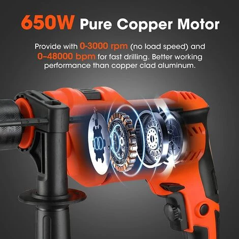 ValueMax Perceuse à Percussion Filaire 650 W, 2 Modes Perceuse Et Marteau, Mandrin De 13 Mm à Vitesse Variable, Perforateur Electrique Avec 3 Forets Hélicoïdaux Et 2 Forets à Béton 5 ValueMax Perceuse à Percussion Filaire 650 W, 2 Modes Perceuse Et Marteau, Mandrin De 13 Mm à Vitesse Variable, Perforateur Electrique Avec 3 Forets Hélicoïdaux Et 2 Forets à Béton – Image 3