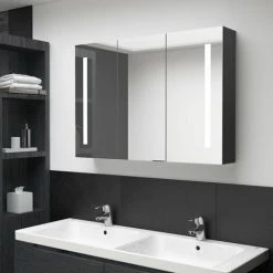 NOVA Miroir De Salle De Bain Moderne Et élégant 3 Portes Et Bandes LED 89x12x62 Cm Armoire De Salle De Bain à Miroir LED 89x14x62 Cm Noir Brillant