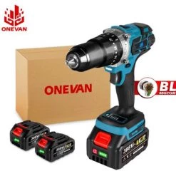 ONEVAN Perceuse Visseuse à Percussion 18V 3en1 20+3 90nm Convient Pour Batterie Makita Perceuse-visseuse Sans Fil Visseuse à Couple Sans Balais - Avec 2*batterie