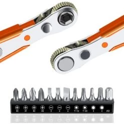 ALMI Cliquet Tournevis Set 13 PCS 110 Mm, Mini Clés à Cliquet 1/4 "et Embouts De Tournevis 12 Modèle Avec Entraînement 1/4 Pouce à Couple élevé Mini Tournevis Décalé Réversible à Cliquet