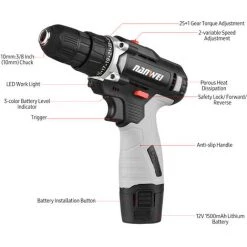 TANCYCO Perceuse Sans Fil Portable 12 V Mandrin 3/8" Réglage De Vitesse 25 + 1 Perceuse électrique Portative Perceuse électrique Avec Indicateur De Batterie Lampe De Travail LED 2 Vitesses Variables Couple Max 20 N.m Comprend 1500 MAh -Perceuse Soldes 2022 58114934 2