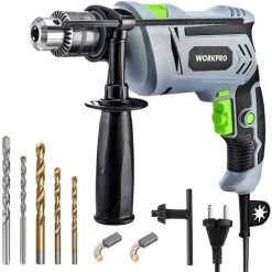 WORKPRO Perforateur Electrique 850W, Perceuse à Percussion Filaire De Perceuse 3000 Tr/min, Marteau Et Perceuse 2 En 1 Avec Poignée Rotative à 360°, 3 Forets Hélicoïdaux Et 2 Forets à Béton