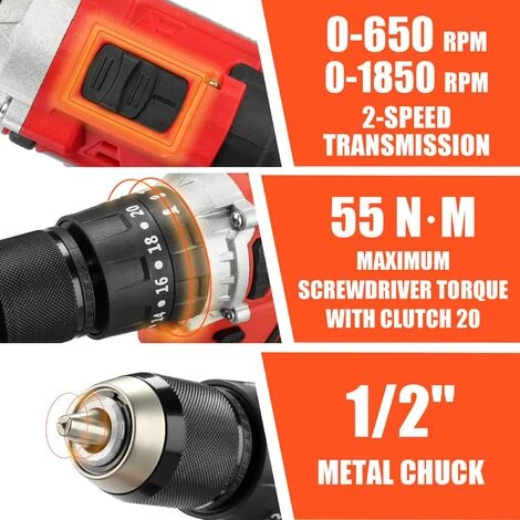 Brushless Perceuse-visseuse Sans Fil TEENO, Perceuse Visseuse A Percussion,2×2.0 Ah Batteries, 20+3 Réglages De Couple Et 2 Vitesses - Rouge 5 Brushless Perceuse-visseuse Sans Fil TEENO, Perceuse Visseuse A Percussion,2×2.0 Ah Batteries, 20+3 Réglages De Couple Et 2 Vitesses - Rouge – Image 3