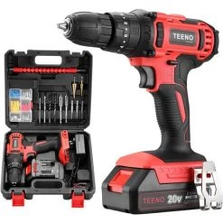 Perceuse Visseuse A Percussion Sans Fil PSR 20v TEENO,1*2A Batterie Visseuse Devisseuse Sans Fil,Gants Professionnels (Une Batterie) - Rouge