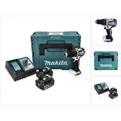 Makita DHP 484 RTJ W Perceuse-visseuse à Percussion Sans Fil 18 V 54 Nm Brushless + 2x Batteries 5,0 Ah + Chargeur + Makpac