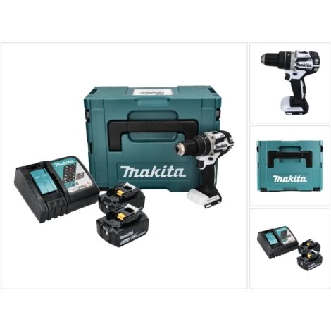 Makita DHP 484 RTJ W Perceuse-visseuse à Percussion Sans Fil 18 V 54 Nm Brushless + 2x Batteries 5,0 Ah + Chargeur + Makpac 3 Makita DHP 484 RTJ W Perceuse-visseuse à Percussion Sans Fil 18 V 54 Nm Brushless + 2x Batteries 5,0 Ah + Chargeur + Makpac