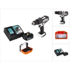 Makita DHP 482 RF1W Perceuse-visseuse à Percussion Sans Fil 18 V 62 Nm + 1x Batterie 3,0 Ah + Chargeur + Jeu D'embouts - 44 Pièces
