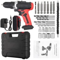 GETLITOOL Perceuse Visseuse Au Lithium-ion Sans Fil 21V + Outils De Perçage Ensemble Perforateur Burineur 18+1 Couple Bleu Avec Chargeur 2 Batteries - Rouge