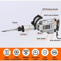 JMAX 1700W Marteau Piqueur Démolition 2000BPM -Perceuse Soldes 2022 63693749 4