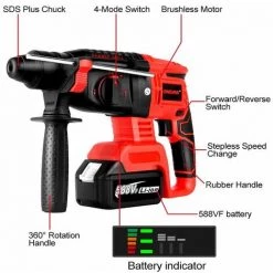 ONEVAN Marteau Perforateur Rotatif Sans Balai 2000W Marteau Perforateur Rotatif à Percussion Sans Fil Rechargeable 4 Fonctions Pour Makita 18V Battery -Perceuse Soldes 2022 64659942 3