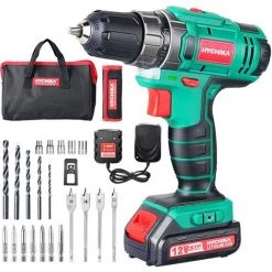 Visseuse Devisseuse Sans Fil, HYCHIKA 12V Perceuse Visseuse Sans Fil 30N.m Couple Max, 6x Forêt Hélicoïdaux, 6x Embouts De Vis, 5x Clés à Douille, 4x Forets Plats Et Sac à Outils