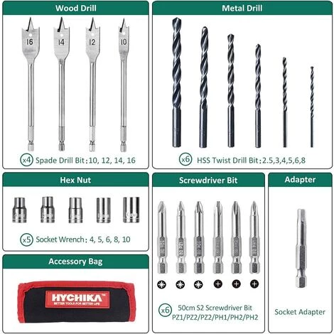 Visseuse Devisseuse Sans Fil, HYCHIKA 12V Perceuse Visseuse Sans Fil 30N.m Couple Max, 6x Forêt Hélicoïdaux, 6x Embouts De Vis, 5x Clés à Douille, 4x Forets Plats Et Sac à Outils 6 Visseuse Devisseuse Sans Fil, HYCHIKA 12V Perceuse Visseuse Sans Fil 30N.m Couple Max, 6x Forêt Hélicoïdaux, 6x Embouts De Vis, 5x Clés à Douille, 4x Forets Plats Et Sac à Outils – Image 4